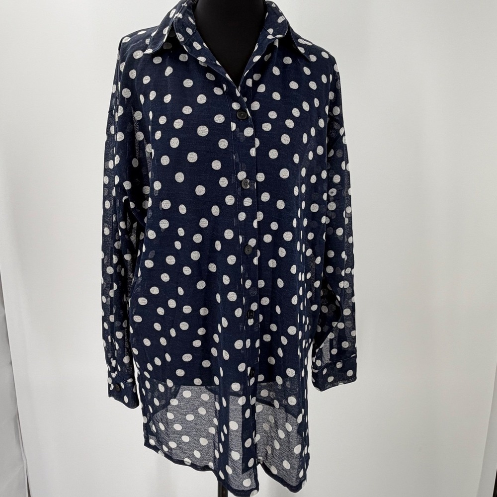NY&CO sheer Button Down Shirt Polka Dot size Small Navy Blue Classic Workwear